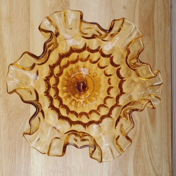 Vintage Fenton Amber Thumbprint Glass Compote Dish With Ruffled Edges 1960s MCM - Picture 3 of 8